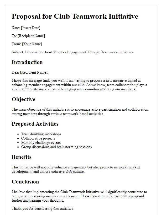 Letter template of club teamwork initiative proposal to boost member engagement.