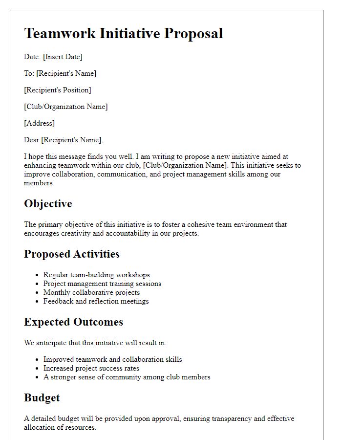 Letter template of club teamwork initiative proposal designed for project management.