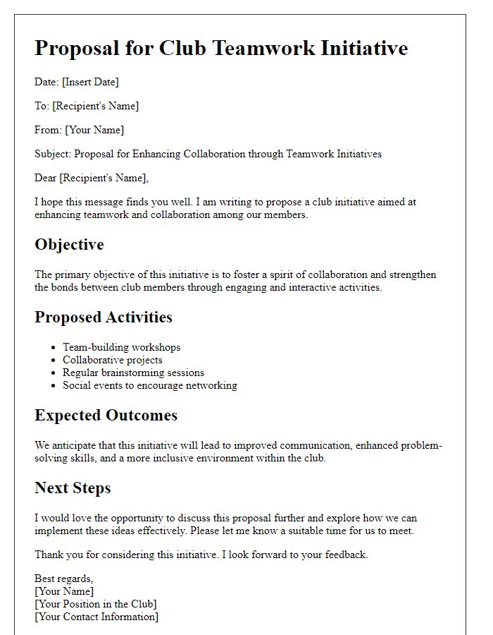 Letter template of club teamwork initiative proposal for enhancing collaboration.