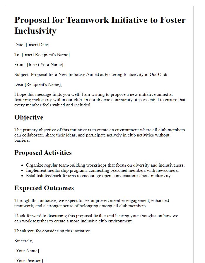 Letter template of club teamwork initiative proposal to foster inclusivity.