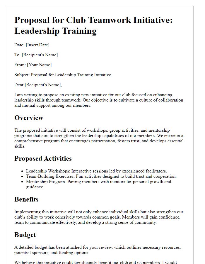 Letter template of club teamwork initiative proposal for leadership training.