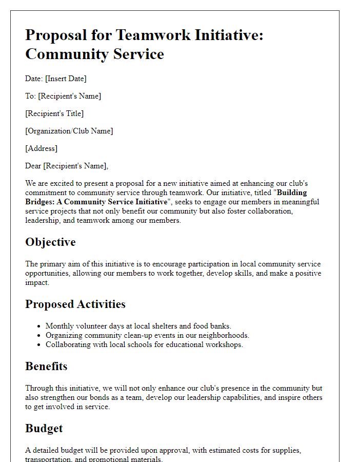 Letter template of club teamwork initiative proposal promoting community service.