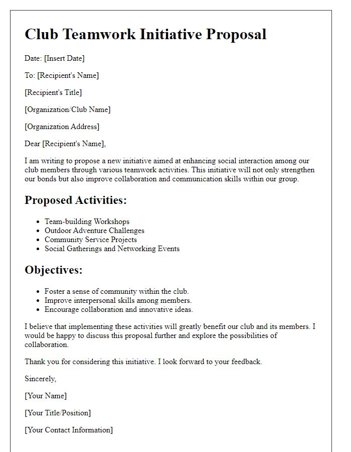 Letter template of club teamwork initiative proposal for social interaction activities.