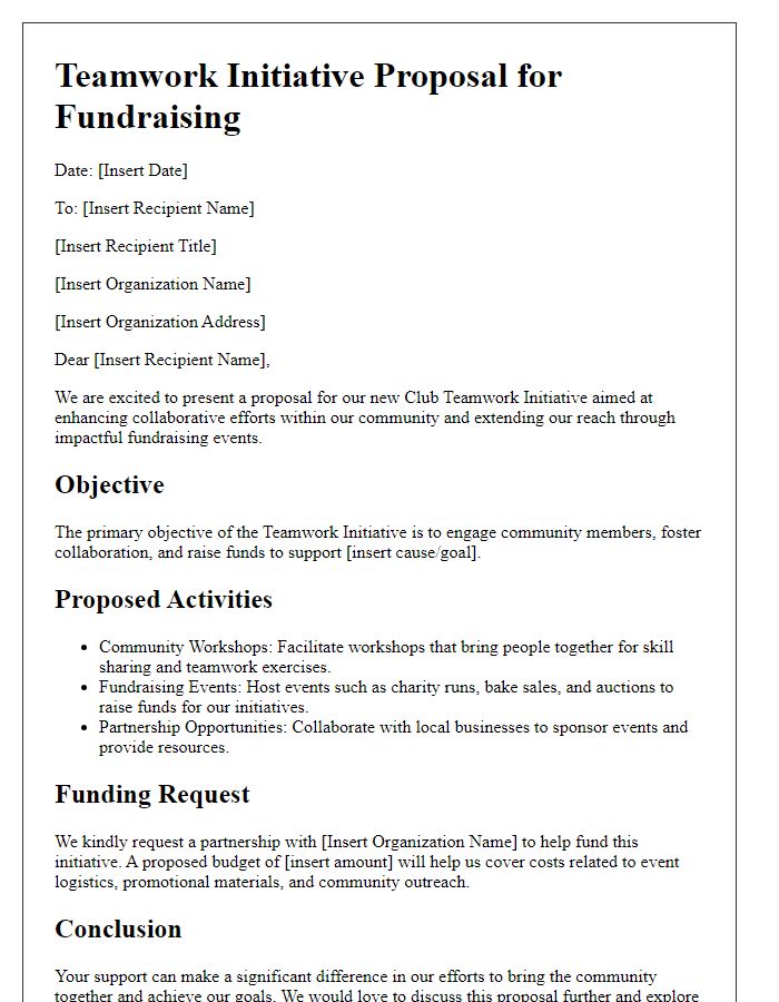 Letter template of club teamwork initiative proposal targeting fundraisers.