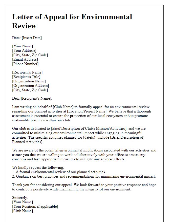 Letter template of appeal for environmental review for club activities.