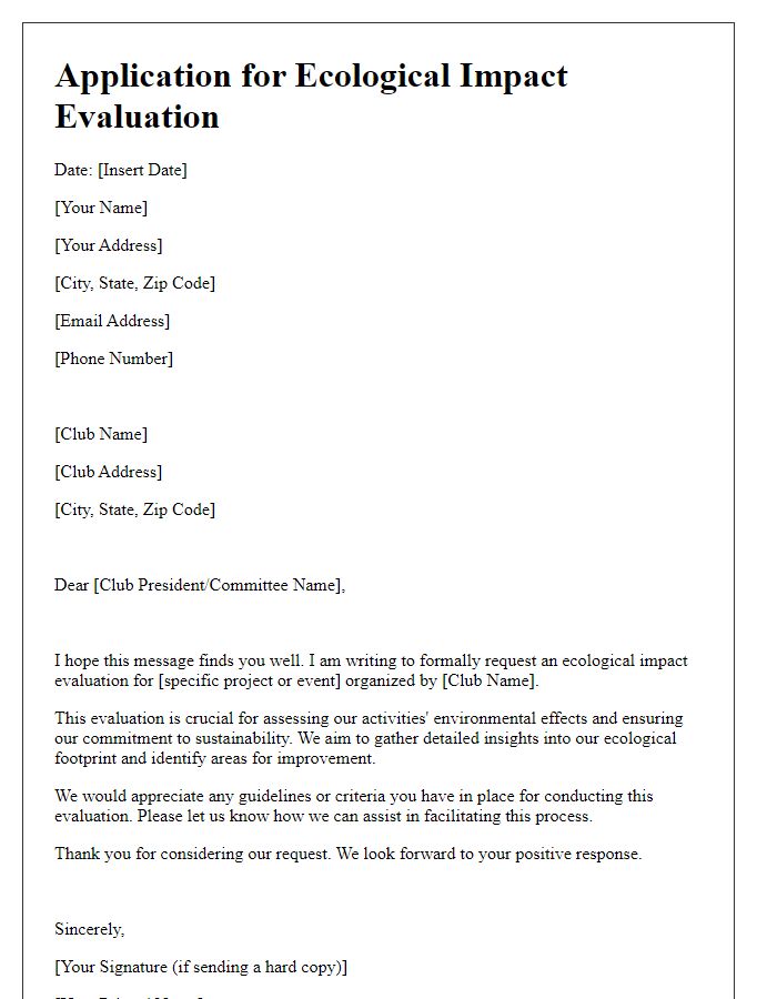 Letter template of application for clubs ecological impact evaluation.