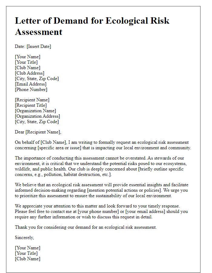 Letter template of demand for ecological risk assessment by the club.