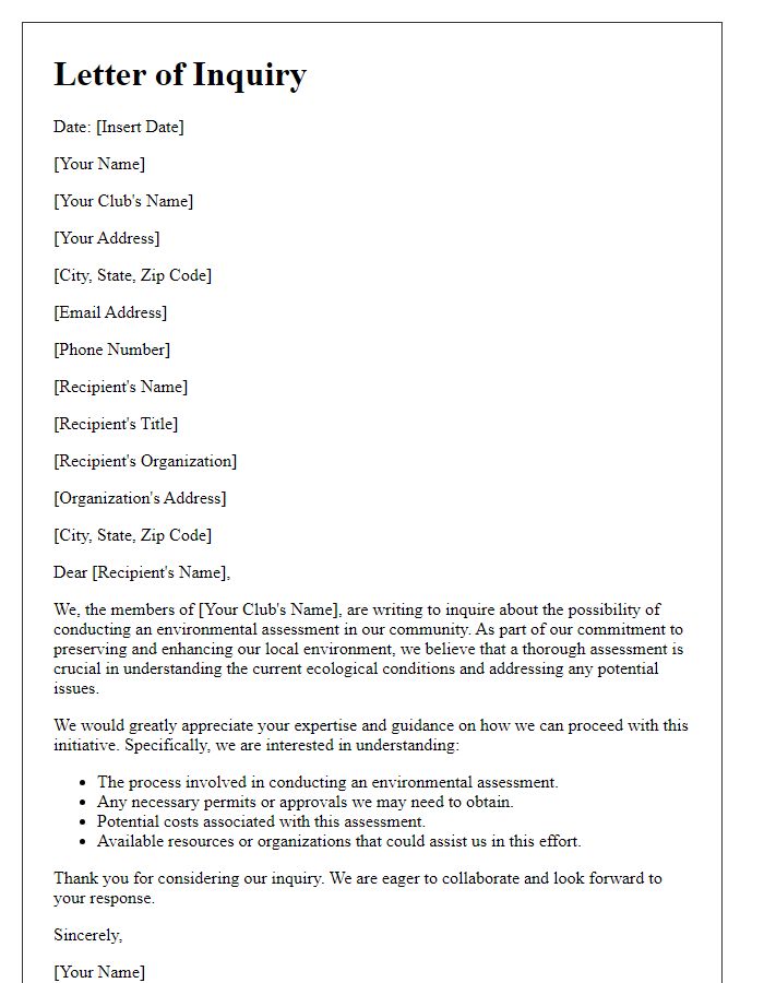 Letter template of inquiry for environmental assessment from club members.