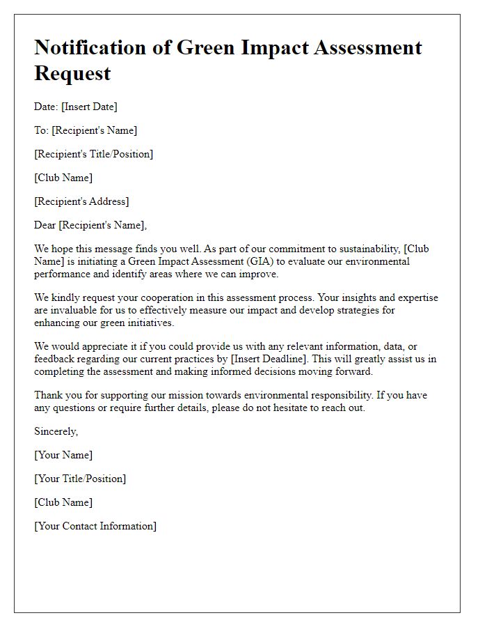 Letter template of notification for club's green impact assessment request.