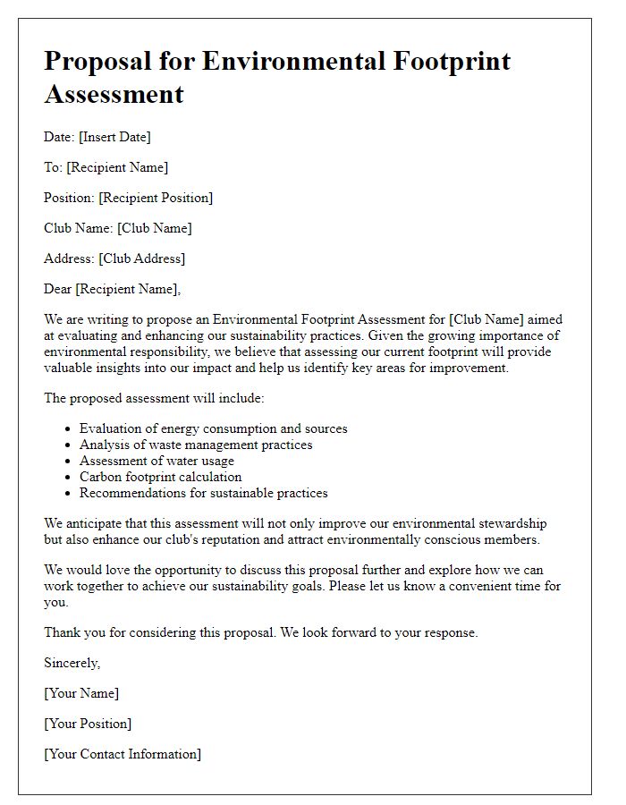 Letter template of proposal for environmental footprint assessment for the club.