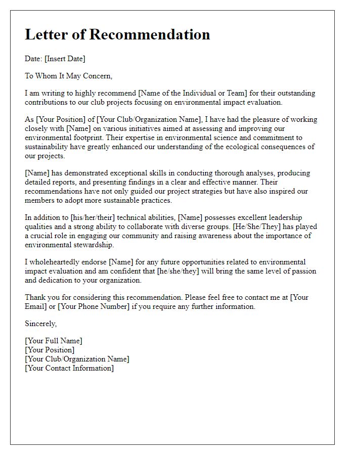 Letter template of recommendation for environmental impact evaluation in club projects.