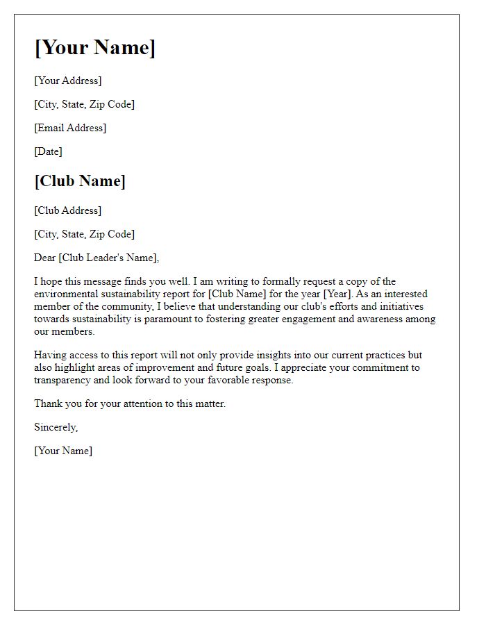 Letter template of request for club environmental sustainability report.