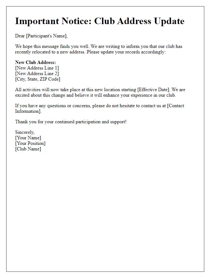 Letter template of club address update for active participants