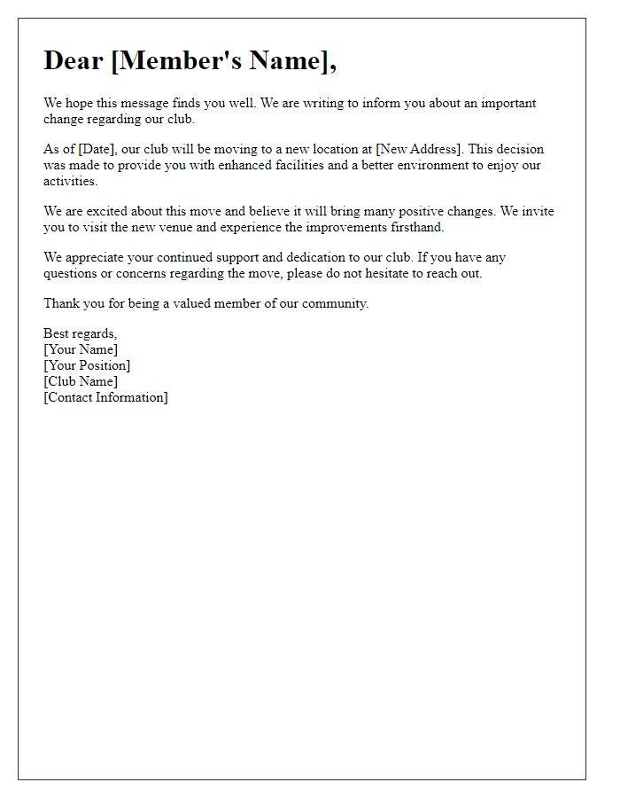 Letter template of club move communication to dedicated members