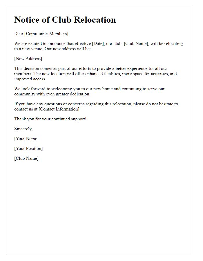 Letter template of club relocation notice for our community members