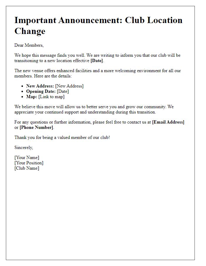 Letter template of club transition to a new location for all members