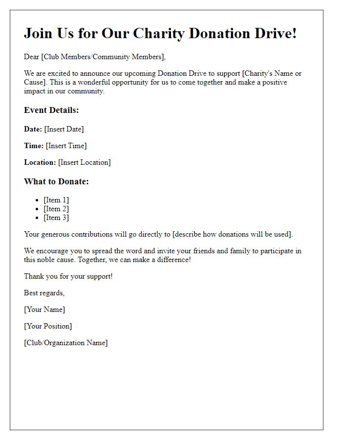 Letter template of donation drive announcement for club charity works