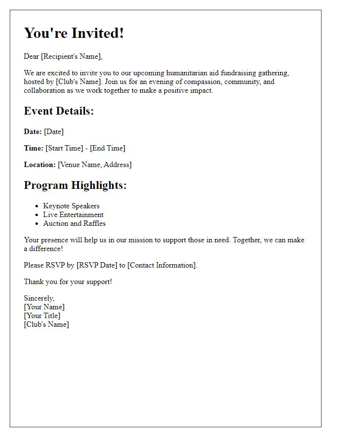 Letter template of event invitation for club's humanitarian aid fundraising gathering