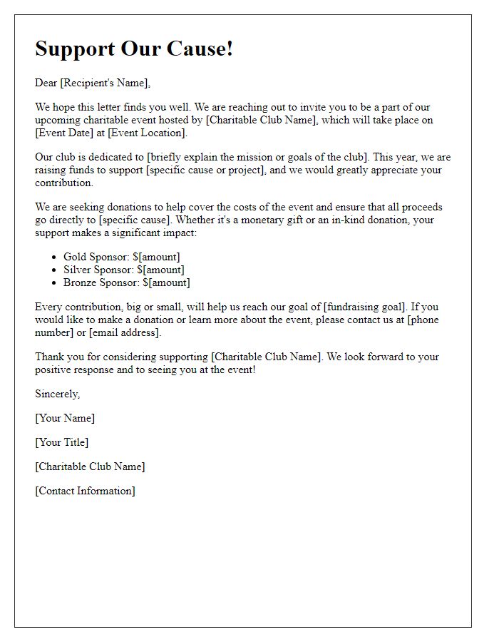 Letter template of fundraising solicitation for charitable club events