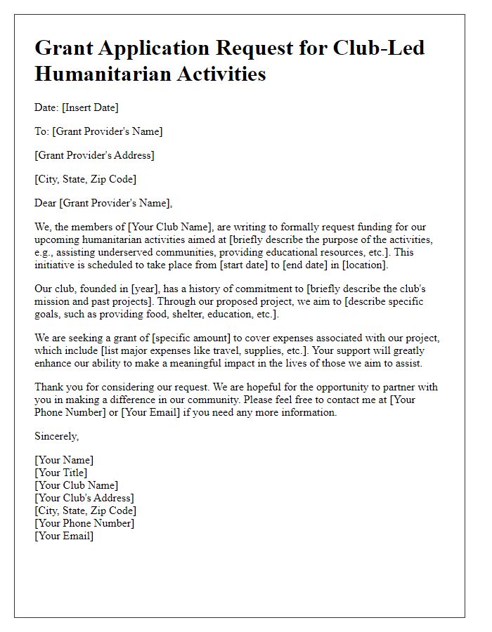 Letter template of grant application request for club-led humanitarian activities