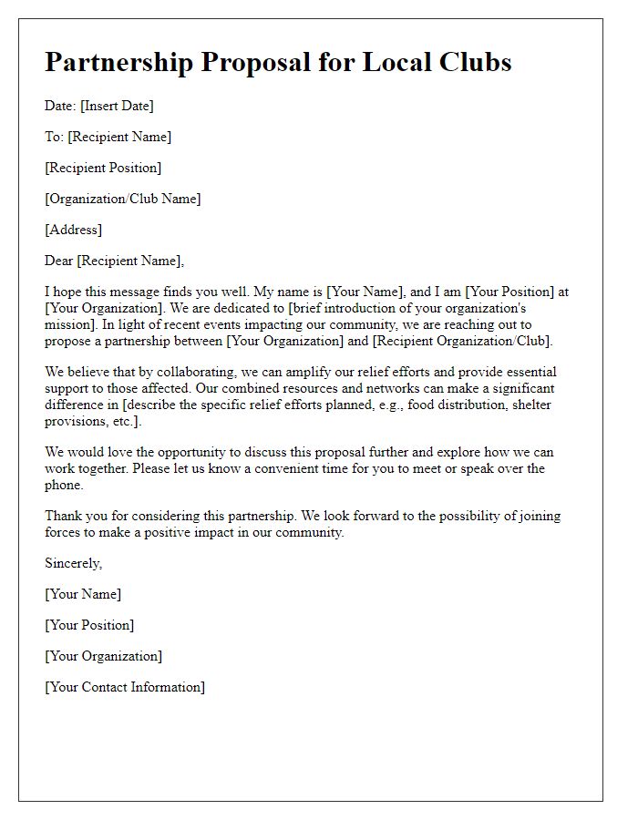 Letter template of partnership proposal for local clubs aiding relief efforts