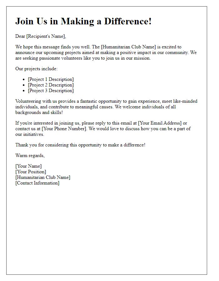 Letter template of volunteer recruitment for humanitarian club projects