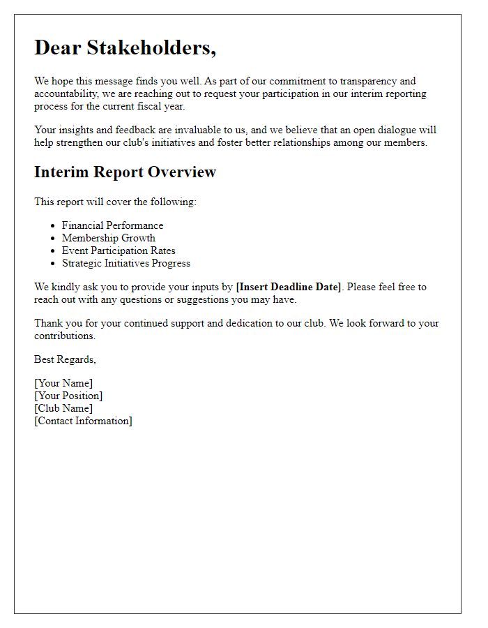 Letter template of club interim reporting request for stakeholders.