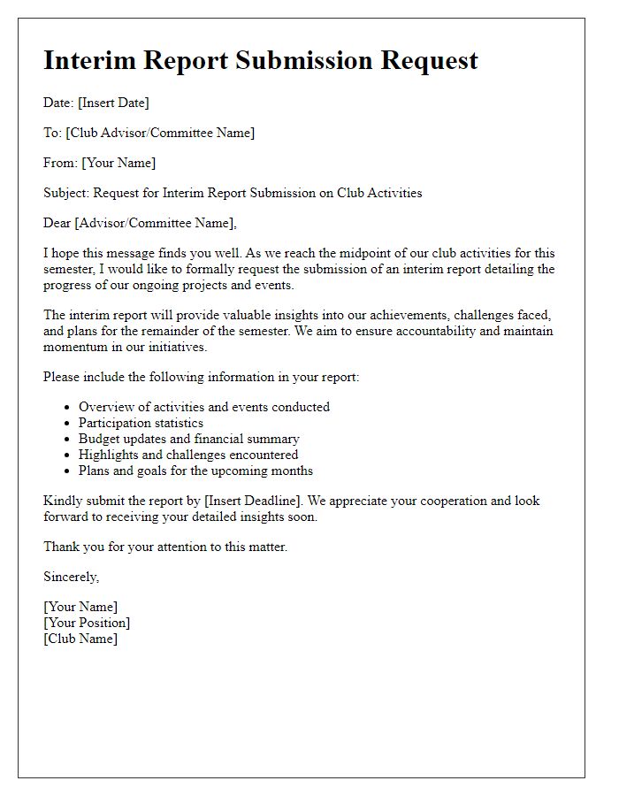 Letter template of interim report submission request for club activities.