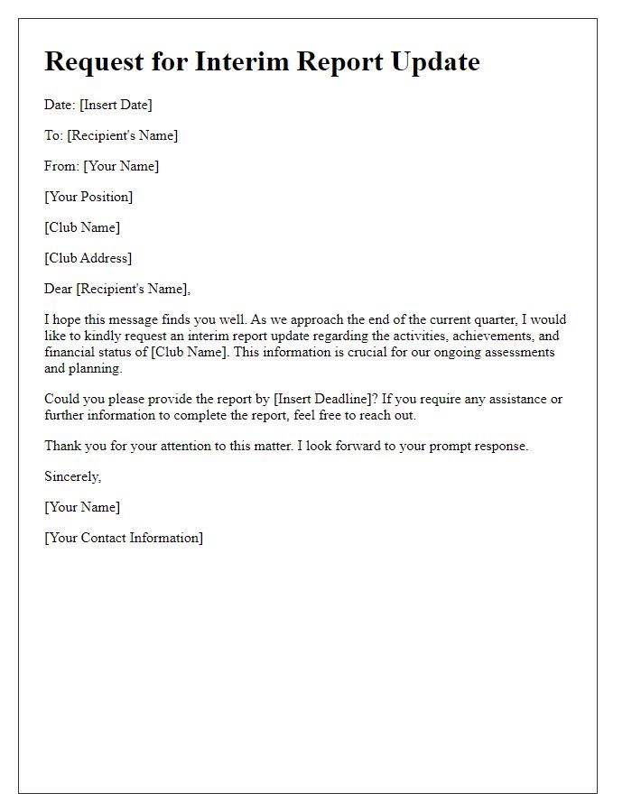 Letter template of request for club interim report update.