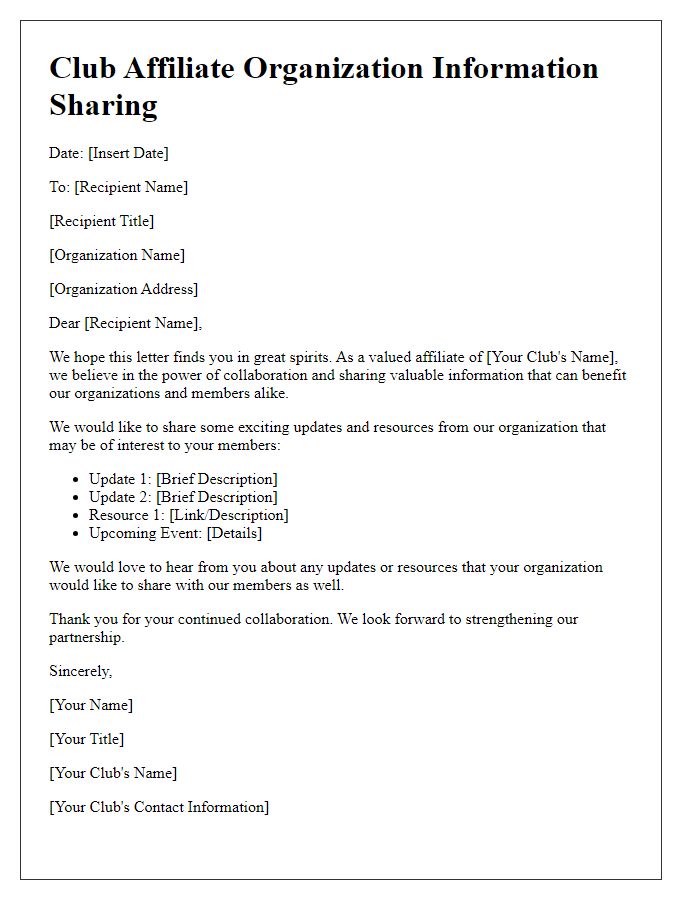 Letter template of club affiliate organization information sharing