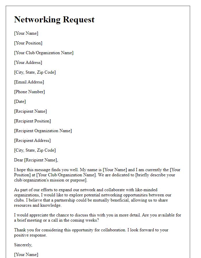 Letter template of club affiliate organization networking request