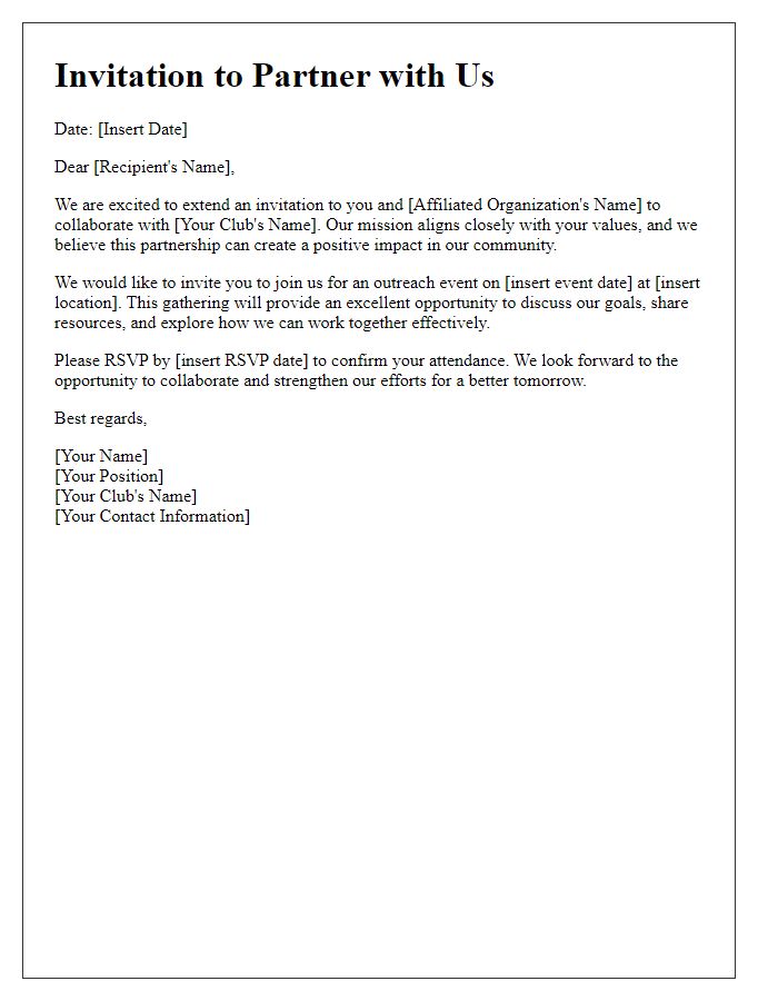 Letter template of club affiliate organization outreach invitation