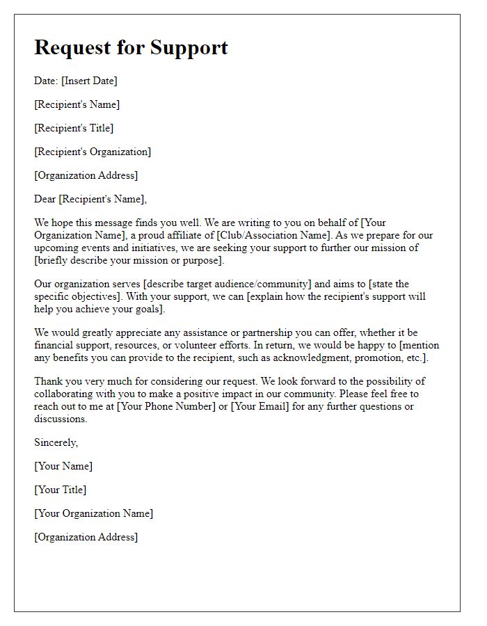 Letter template of club affiliate organization support request