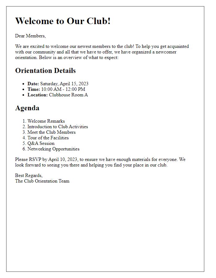 Letter template of club newcomer orientation overview for members.