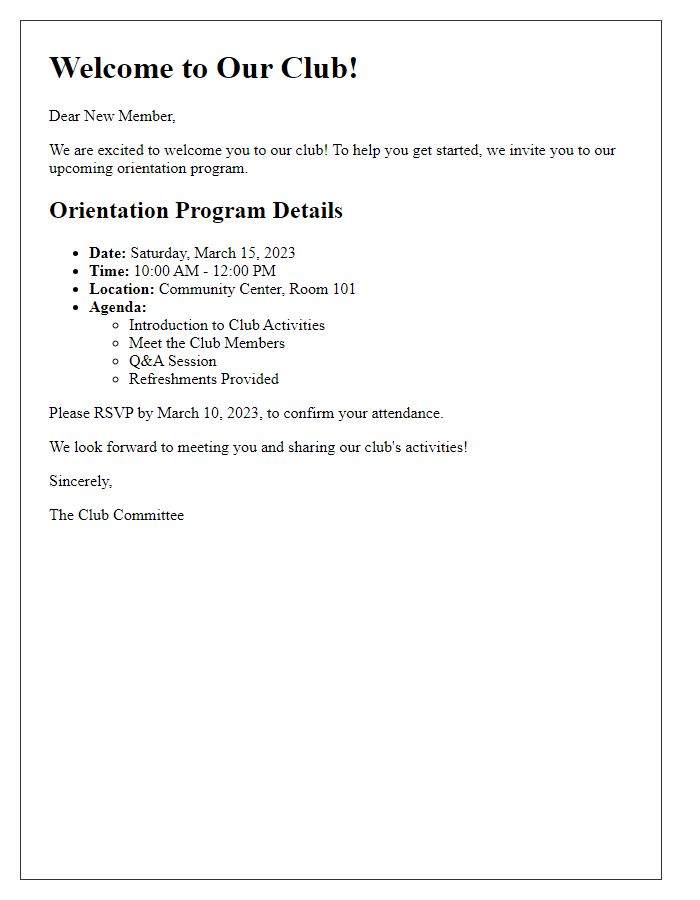 Letter template of club orientation program details for new individuals.