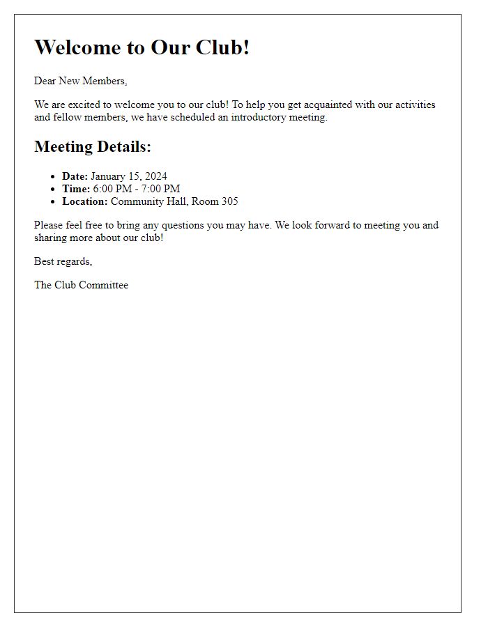 Letter template of introductory meeting schedule for new club members.