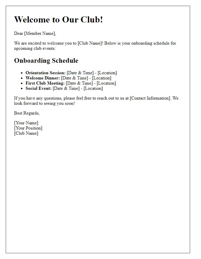 Letter template of member onboarding schedule for club events.