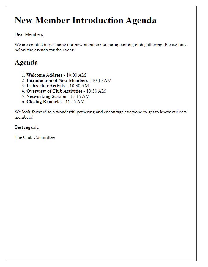 Letter template of new member introduction agenda for club gatherings.