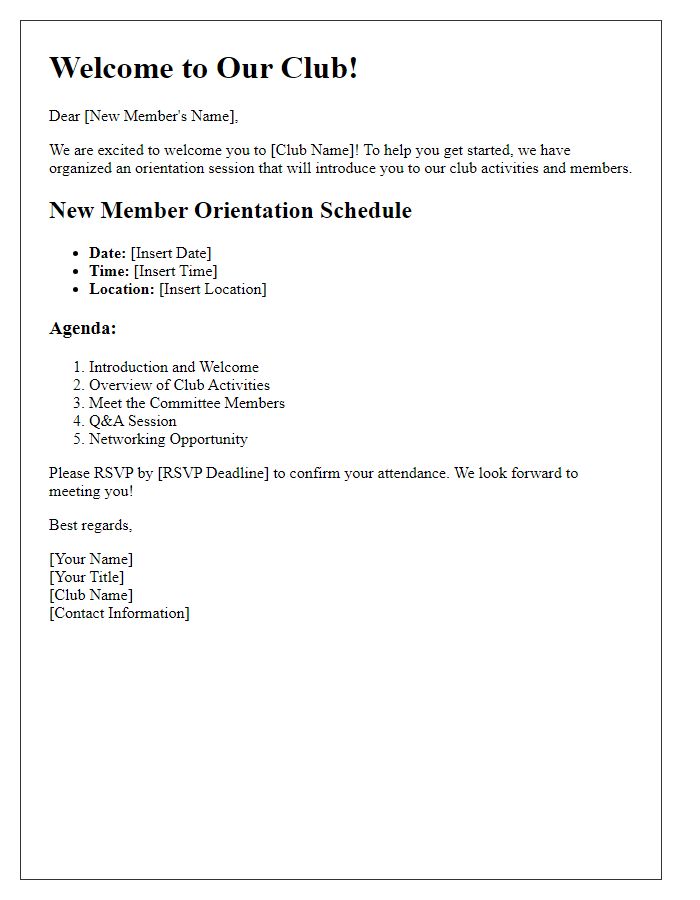 Letter template of new member orientation schedule for club activities.