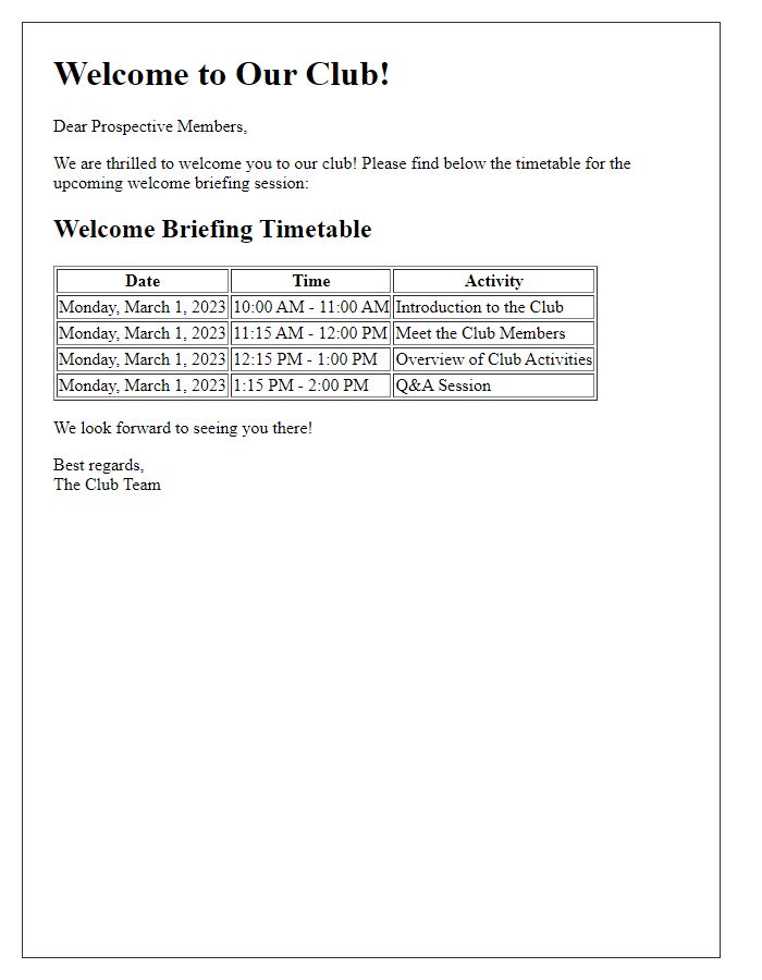 Letter template of welcome briefing timetable for prospective club members.