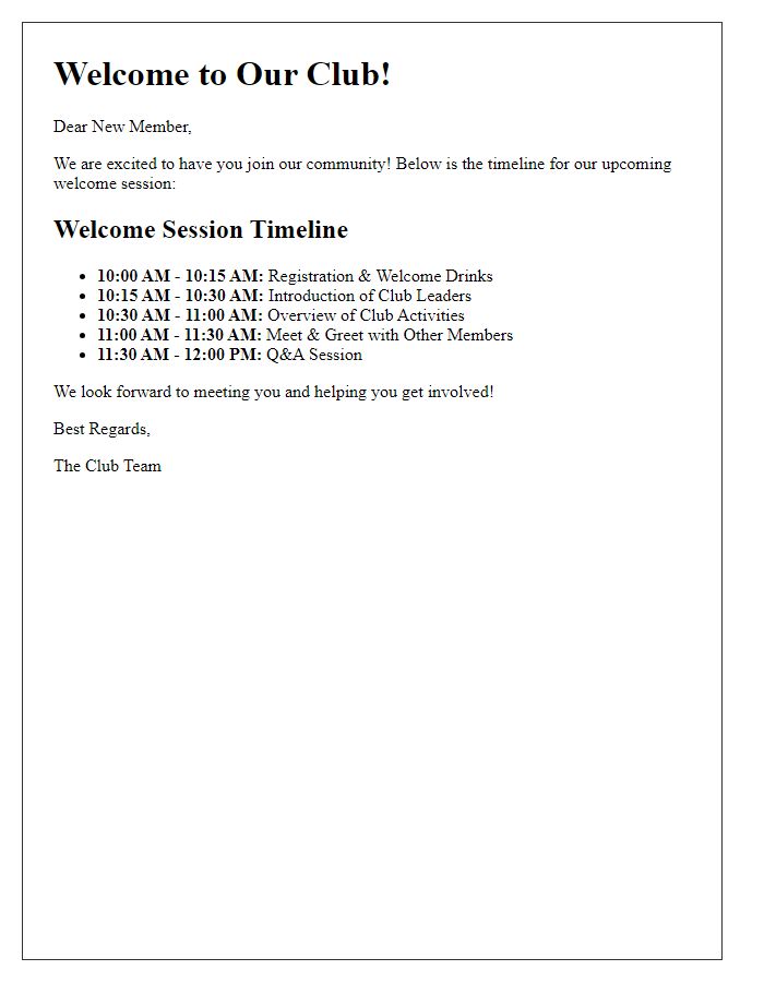 Letter template of welcome session timeline for club newcomers.