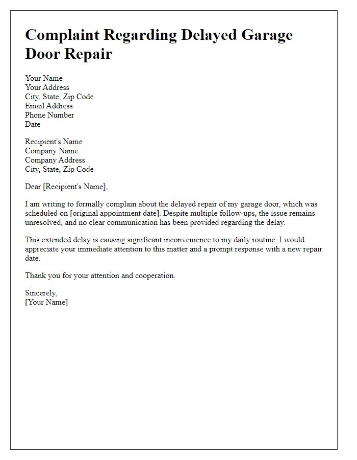 Letter template of complaint regarding delayed garage door repair