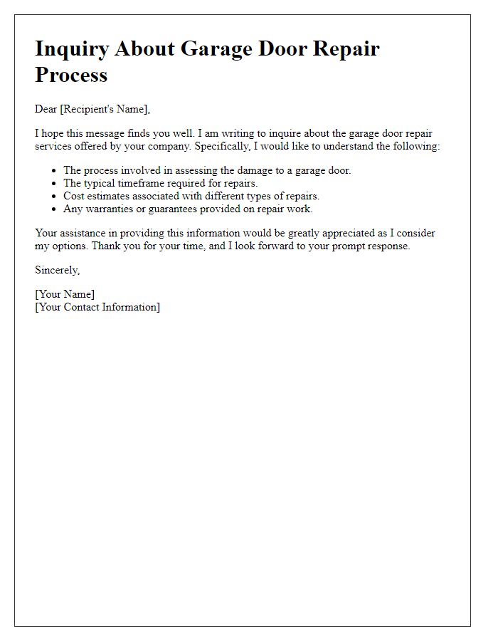 Letter template of inquiry about garage door repair process