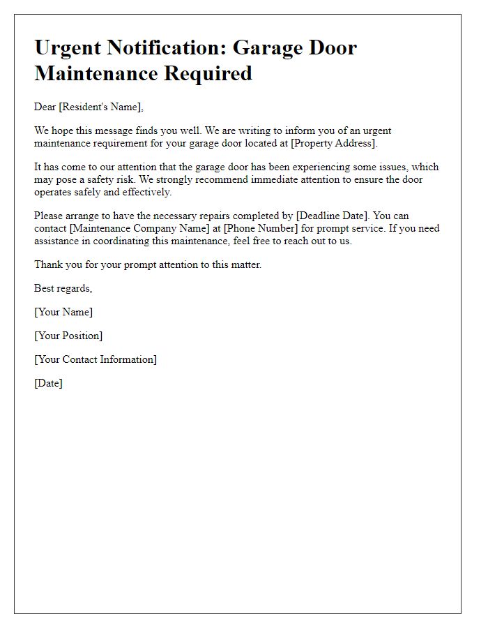 Letter template of notification for urgent garage door maintenance