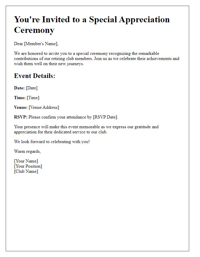 Letter template of appreciation ceremony invitation for club retirements