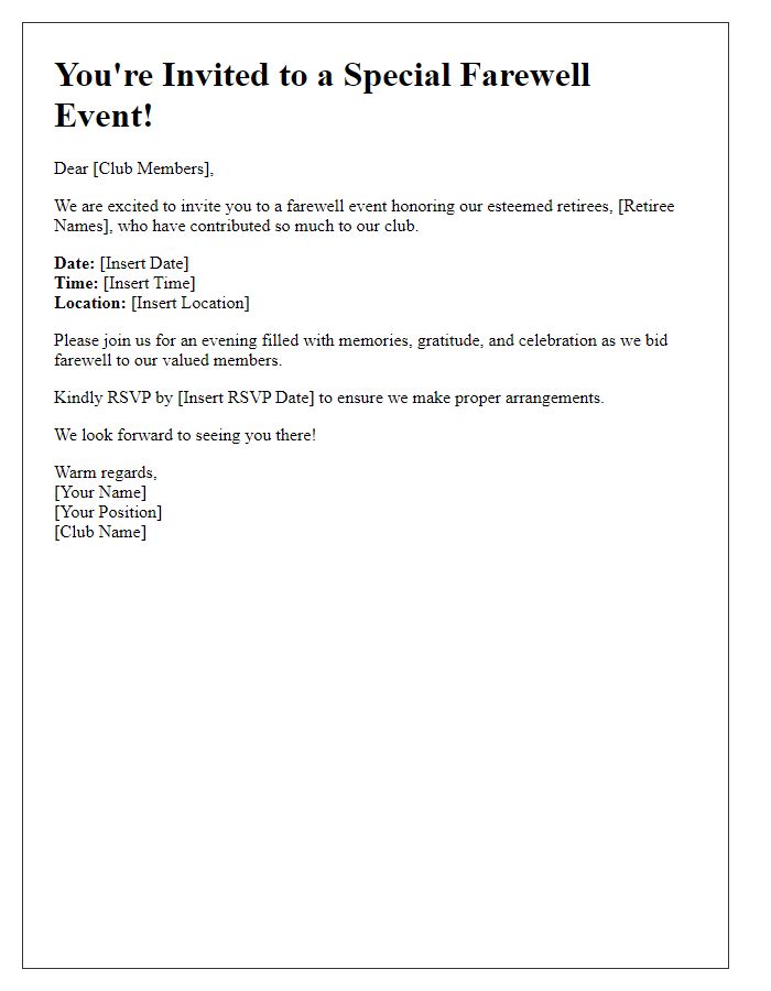 Letter template of farewell event invitation for club retirees