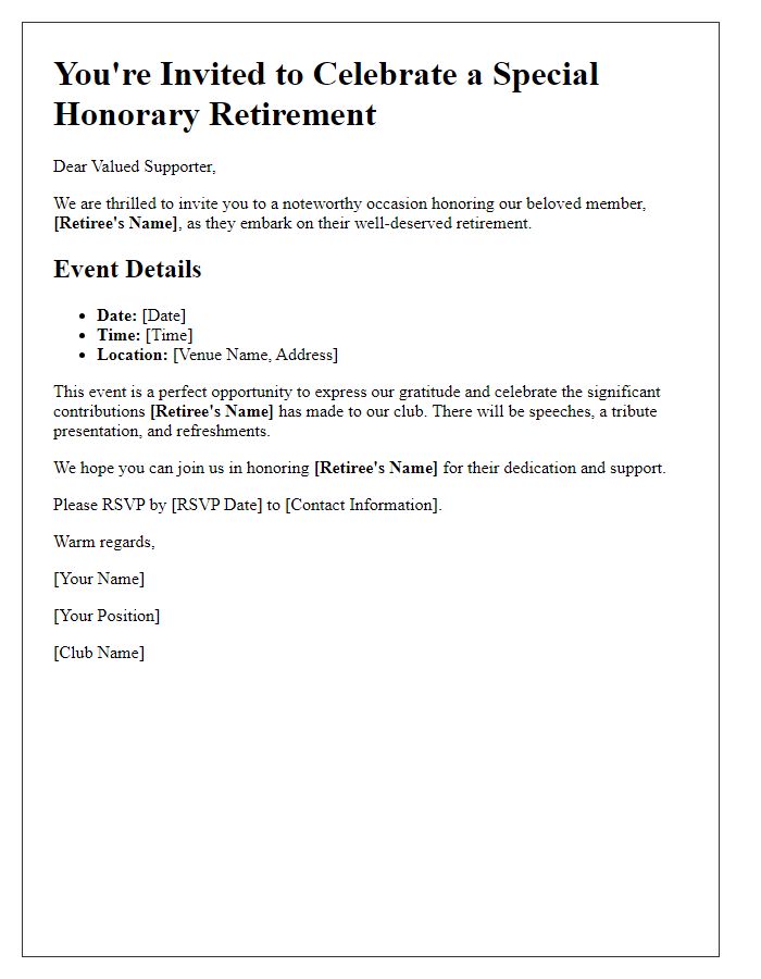 Letter template of honorary retirement event invitation for club supporters