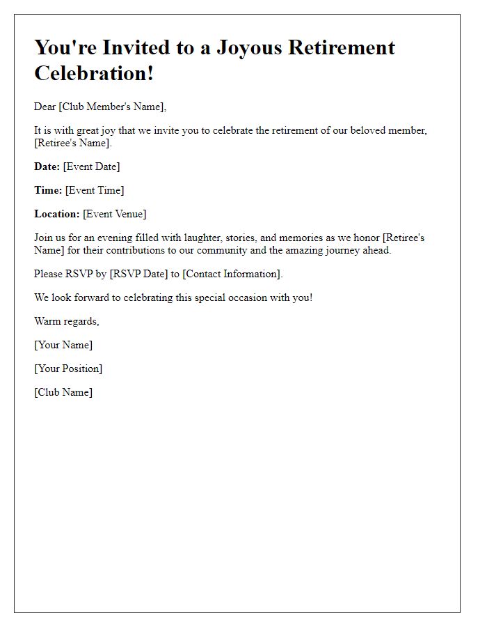 Letter template of joyous retirement celebration invitation for club community