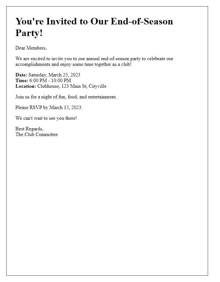 Letter template of club end-of-season party invitation