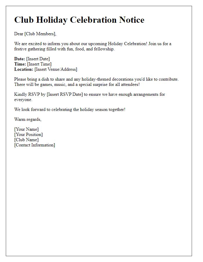 Letter template of club holiday celebration notice